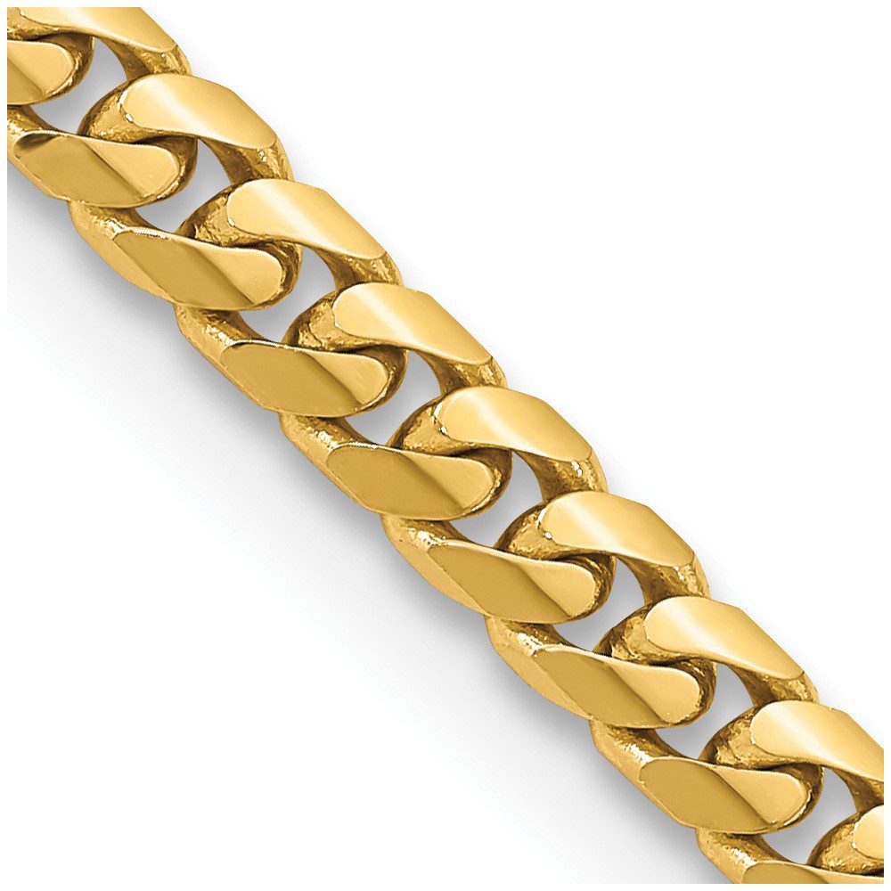 Gold Cuban link chain on white background.