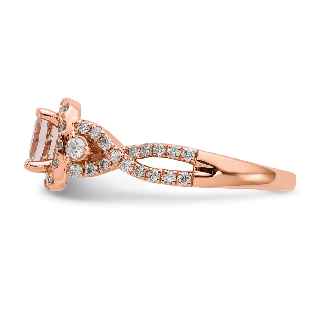 Elegant rose gold ring with a unique twisted design and diamond accents.