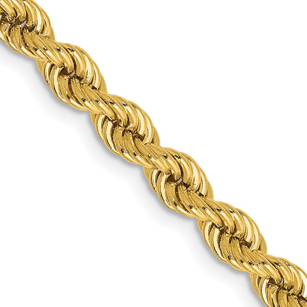 Close-up of a twisted gold rope chain necklace.