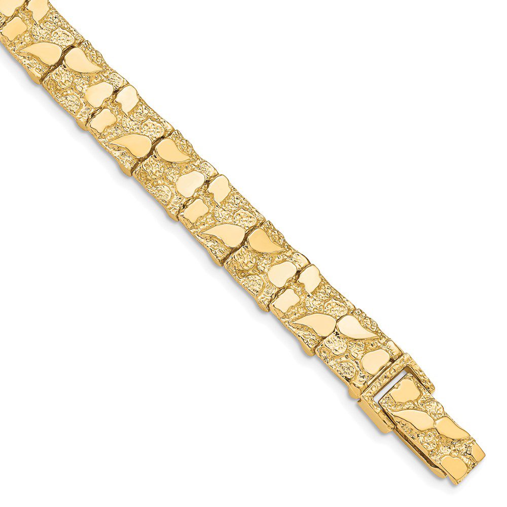 Close-up of a gold bracelet with rectangular links.