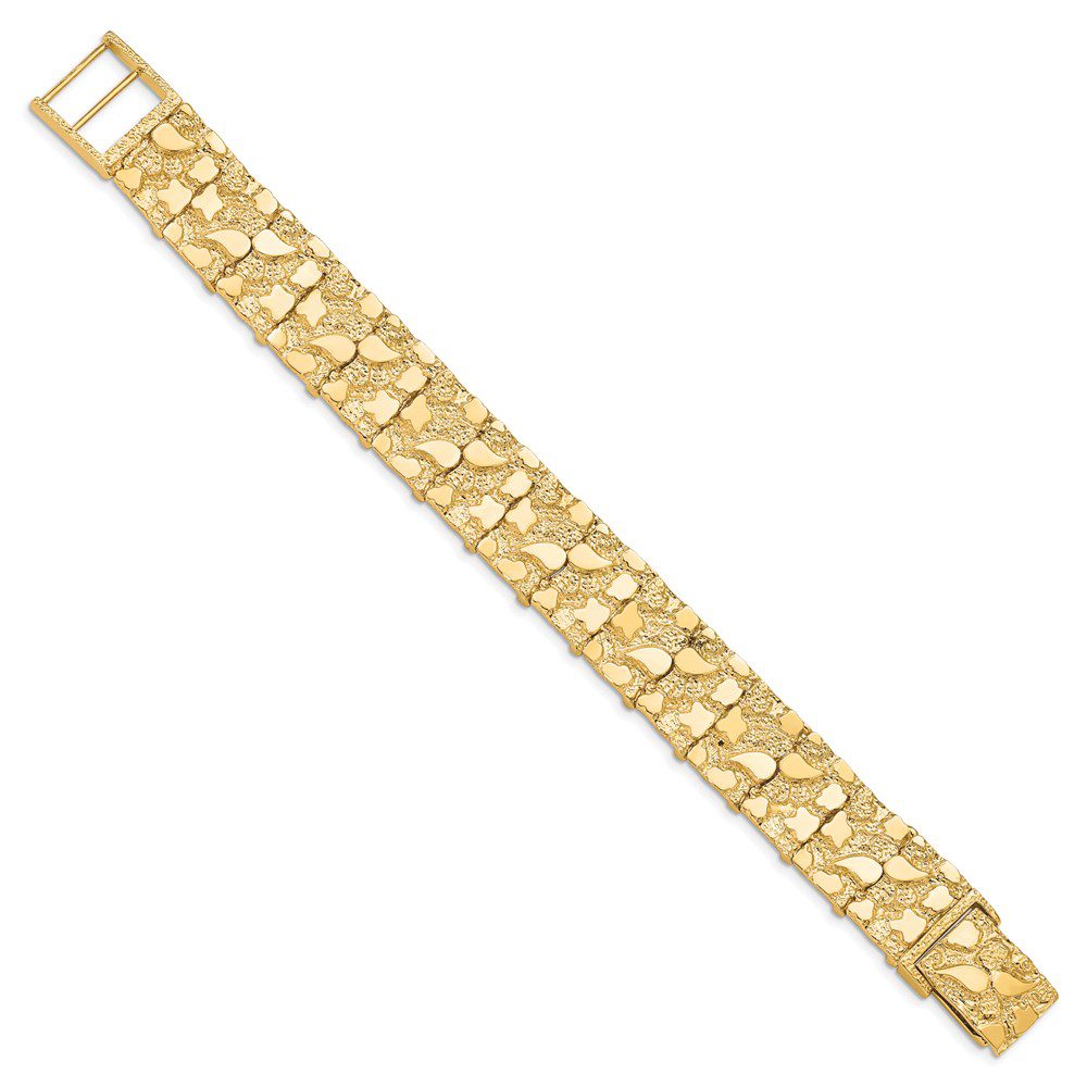 Elegant gold bracelet with intricate floral design.