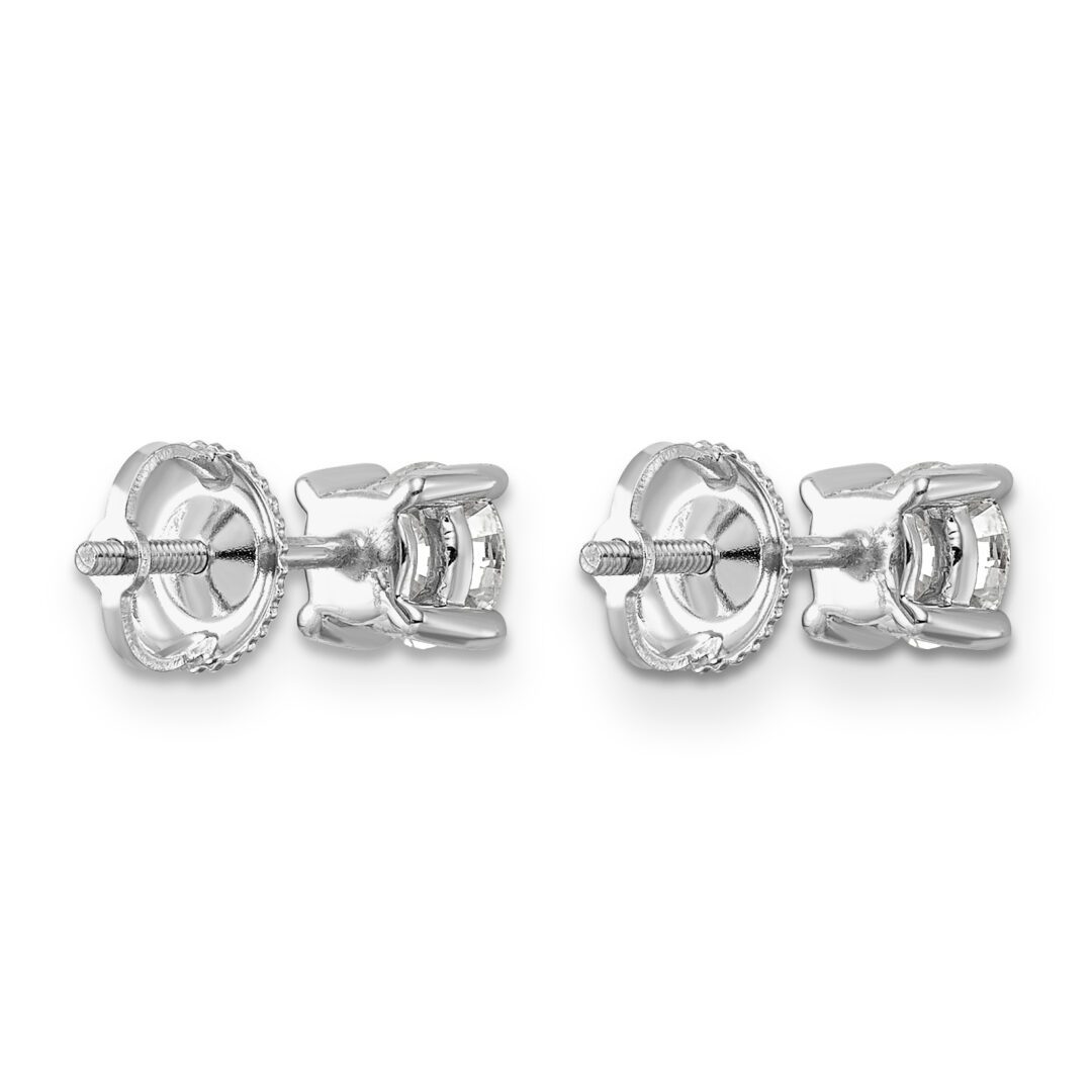 A pair of silver stud earrings with clear gemstones.
