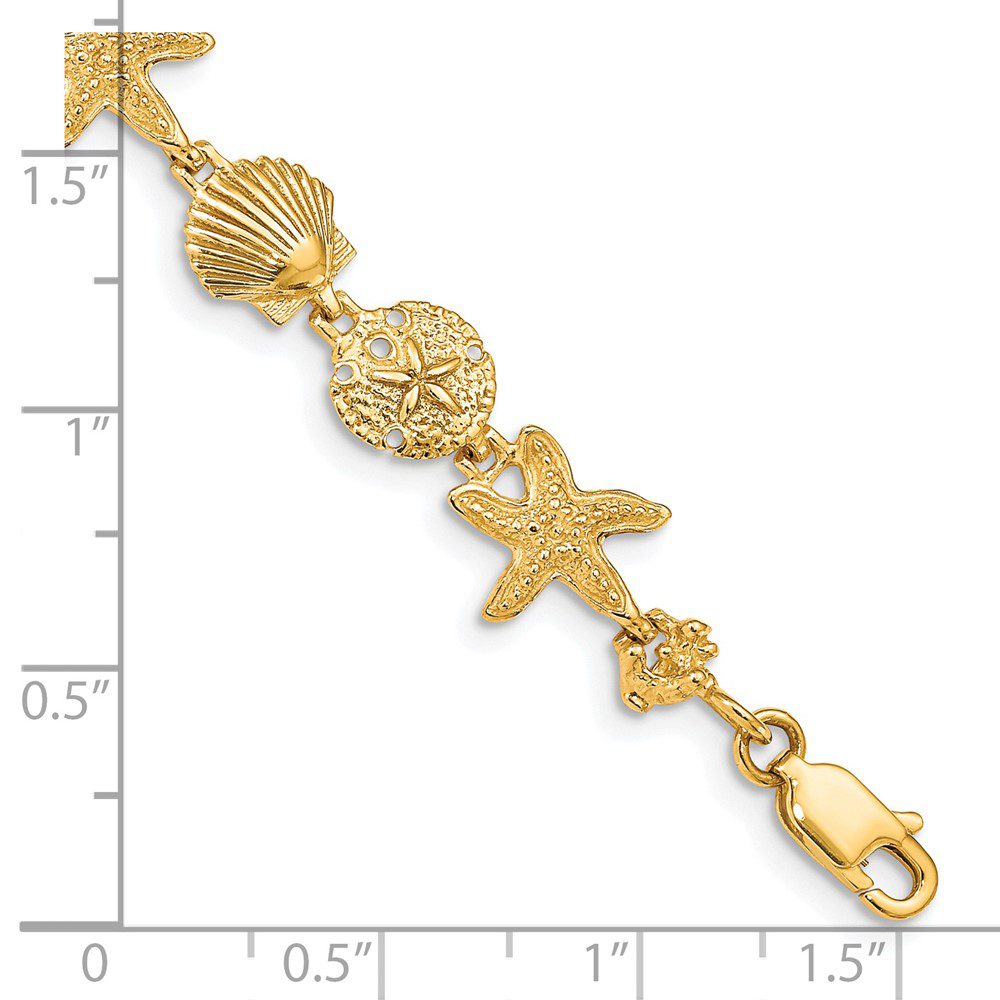 Gold bracelet with seashell and starfish charms.