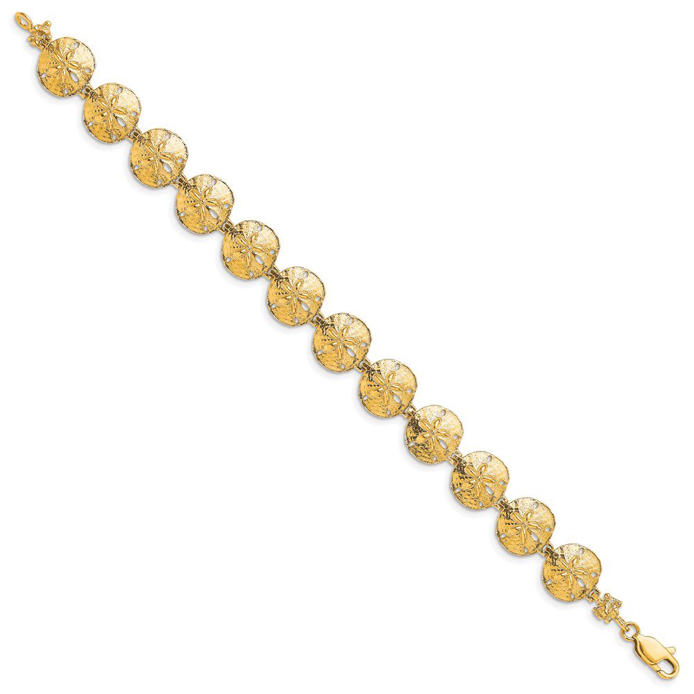 Elegant gold bracelet with circular links and a secure clasp.