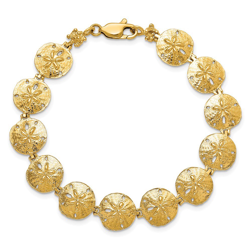 Elegant gold necklace with round, textured discs linked together.