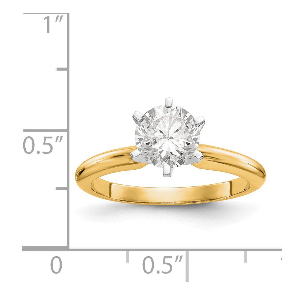 Gold ring with a solitaire diamond on a white background and size guide.