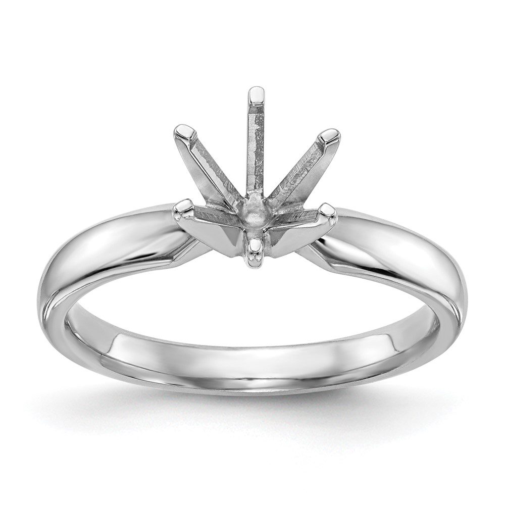 Elegant silver ring setting with six prongs for a gemstone.