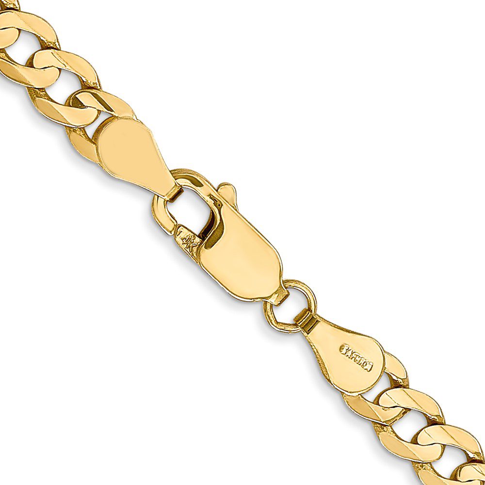 Close-up of a gold chain necklace with a lobster clasp.
