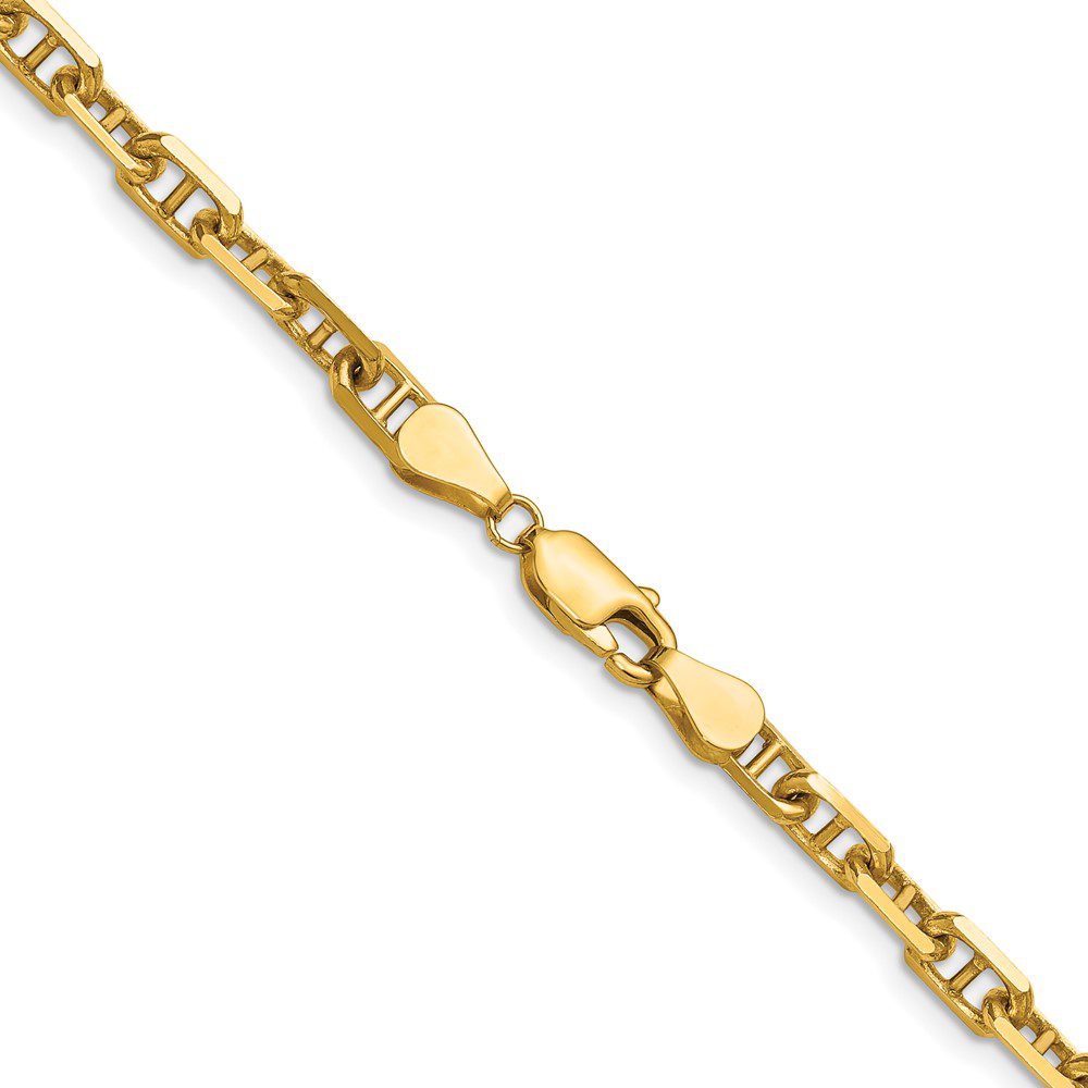 Close-up of a gold chain with a lobster clasp.