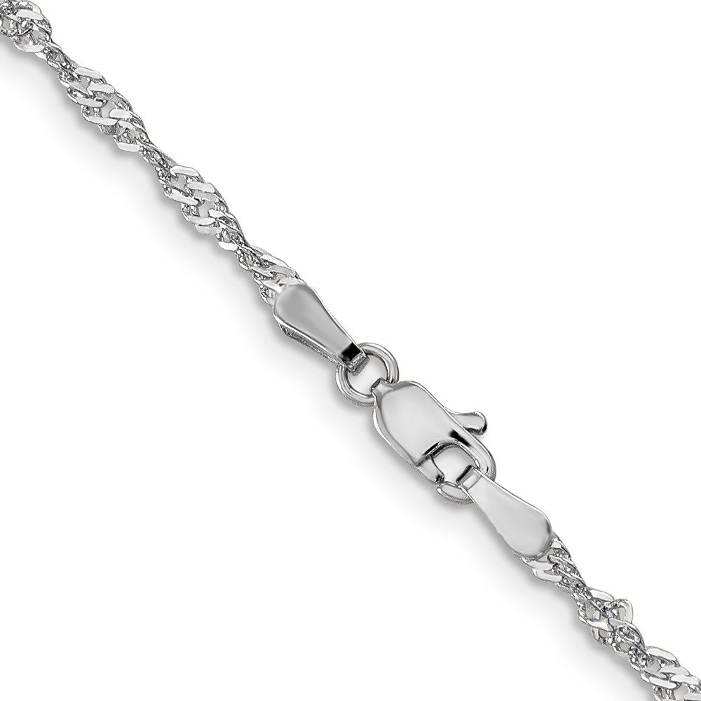 Close-up of a silver twisted chain necklace with a lobster clasp.