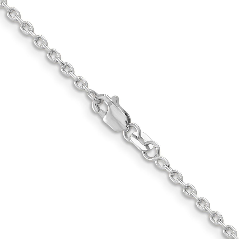 Close-up of a silver chain necklace with a lobster clasp.