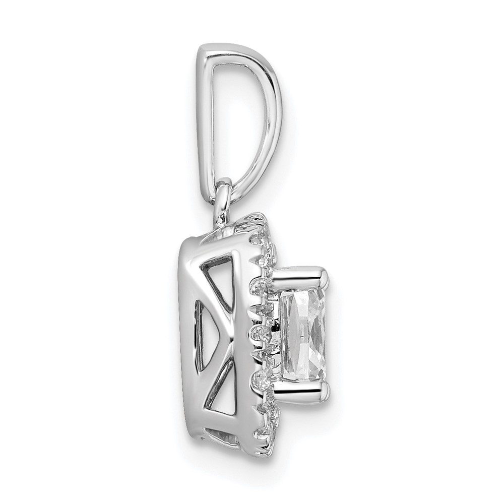 Elegant silver pendant with a geometric design and a central clear gemstone.