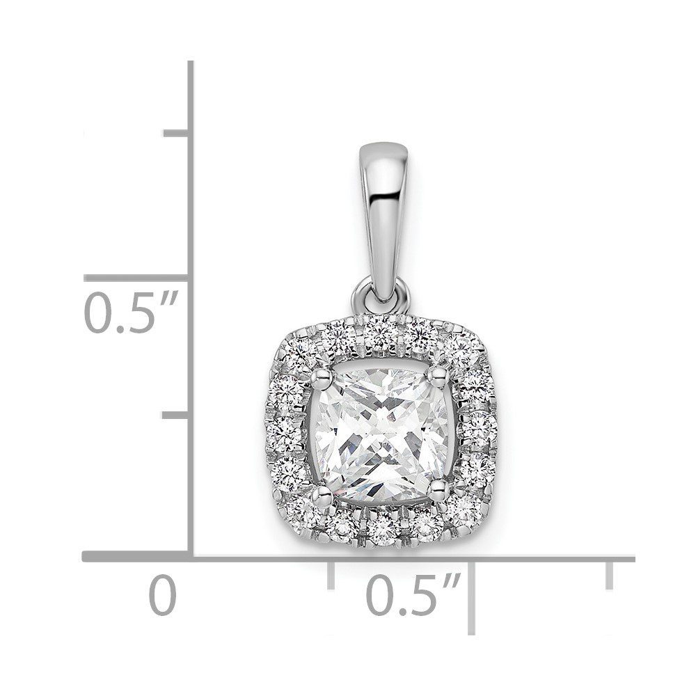 Elegant diamond pendant with cushion-cut center and halo setting.