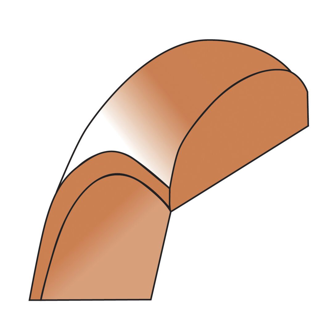 Cross-sectional view of a wooden molding with a curved profile.