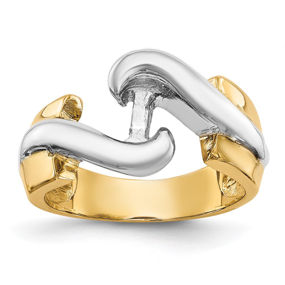 A stylish two-tone gold and silver open ring with a modern design.