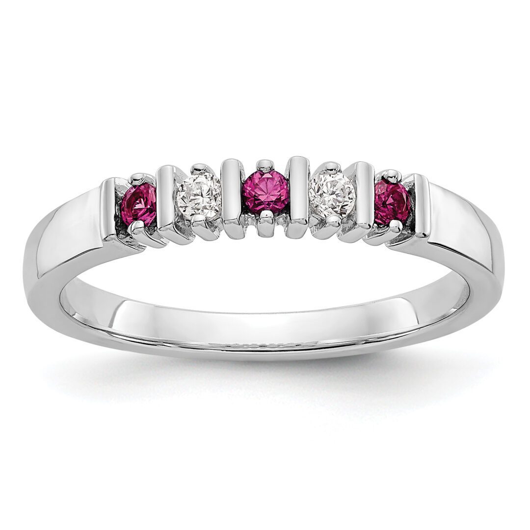 Elegant silver ring with alternating diamonds and rubies.