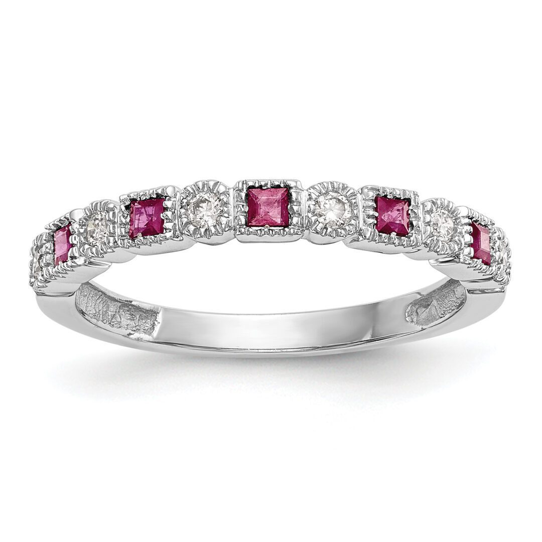 Elegant silver ring with alternating pink and clear gemstones.