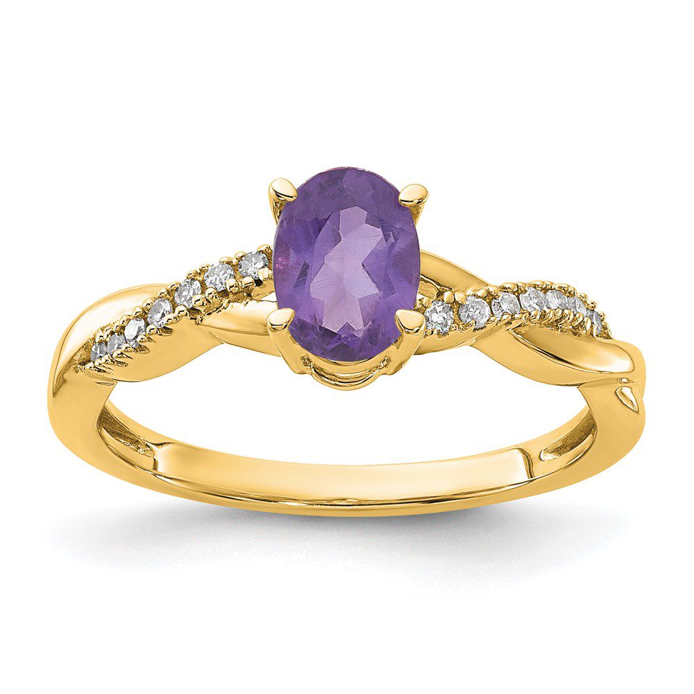 Elegant gold ring with an oval purple gemstone and small diamonds.