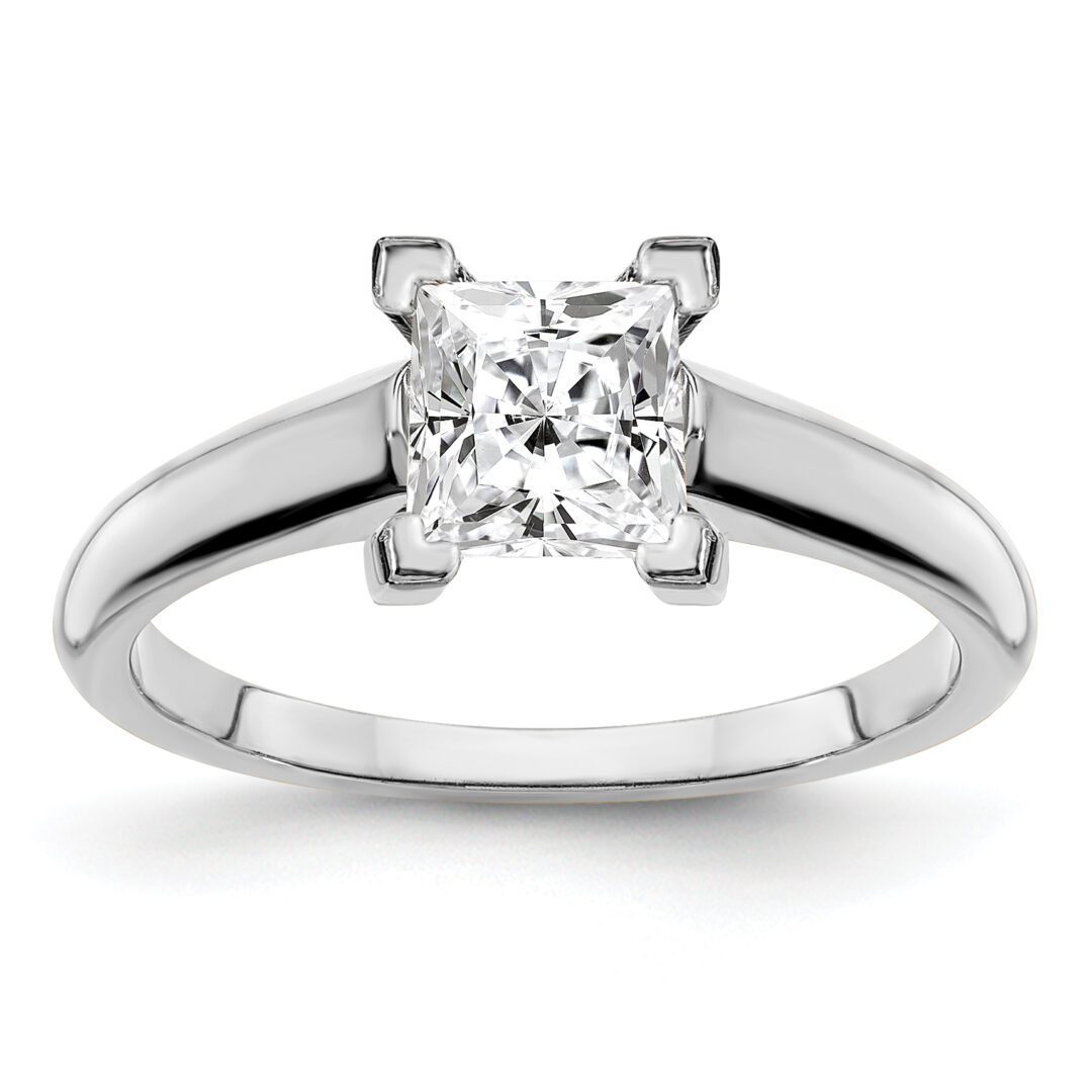 Elegant solitaire diamond engagement ring with a square-cut center stone.