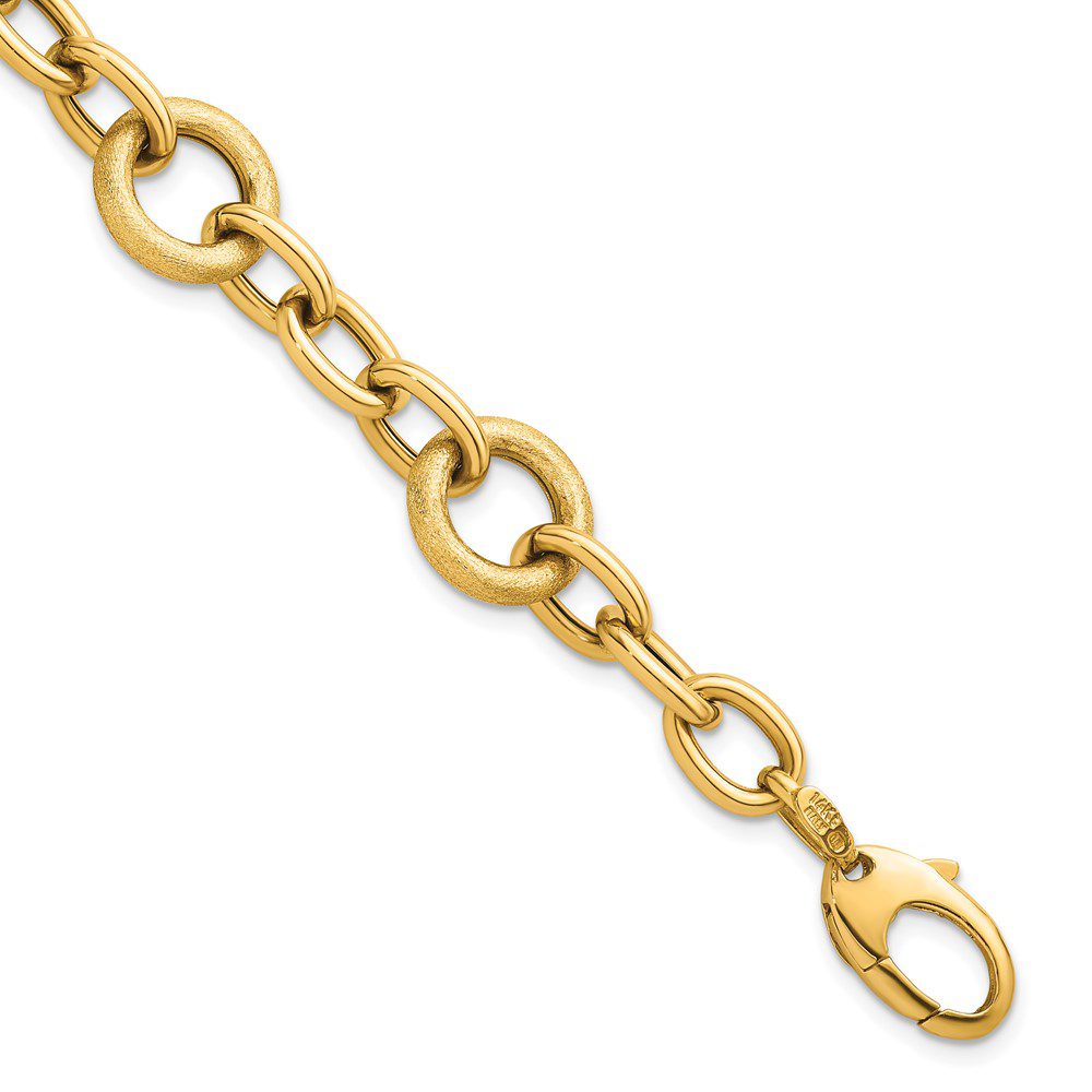 A gold chain with interlocking oval links and a clasp.