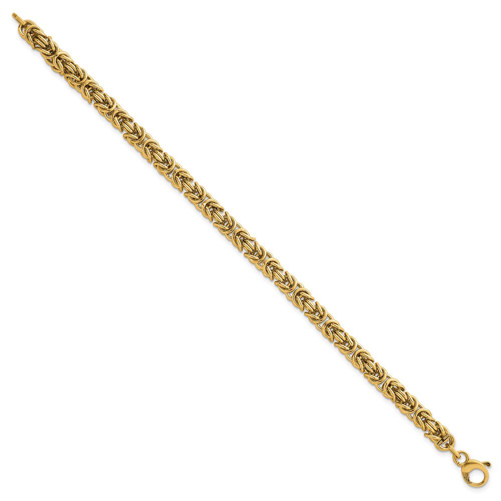 Elegant gold bracelet with intricate design and clasp.