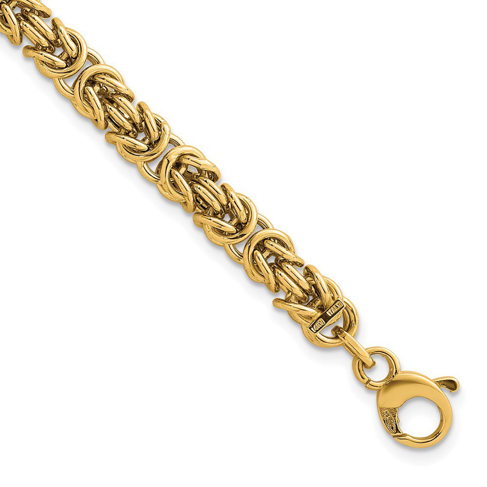 Elegant gold chain bracelet with intricate links and a round clasp.