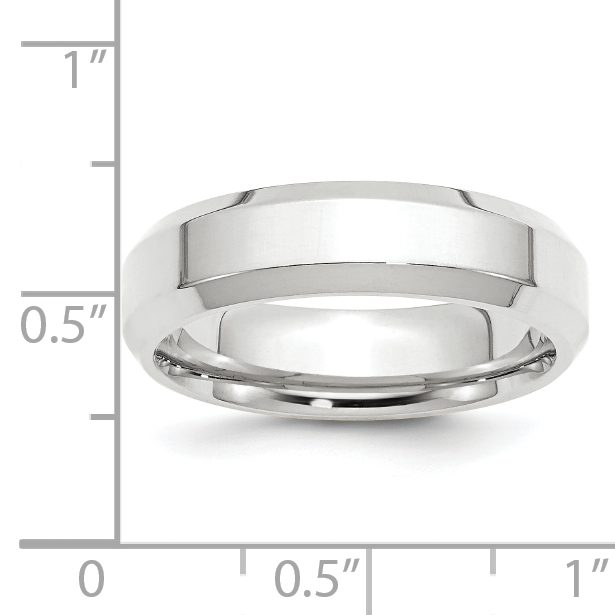 Silver men's wedding band with beveled edges and polished finish.