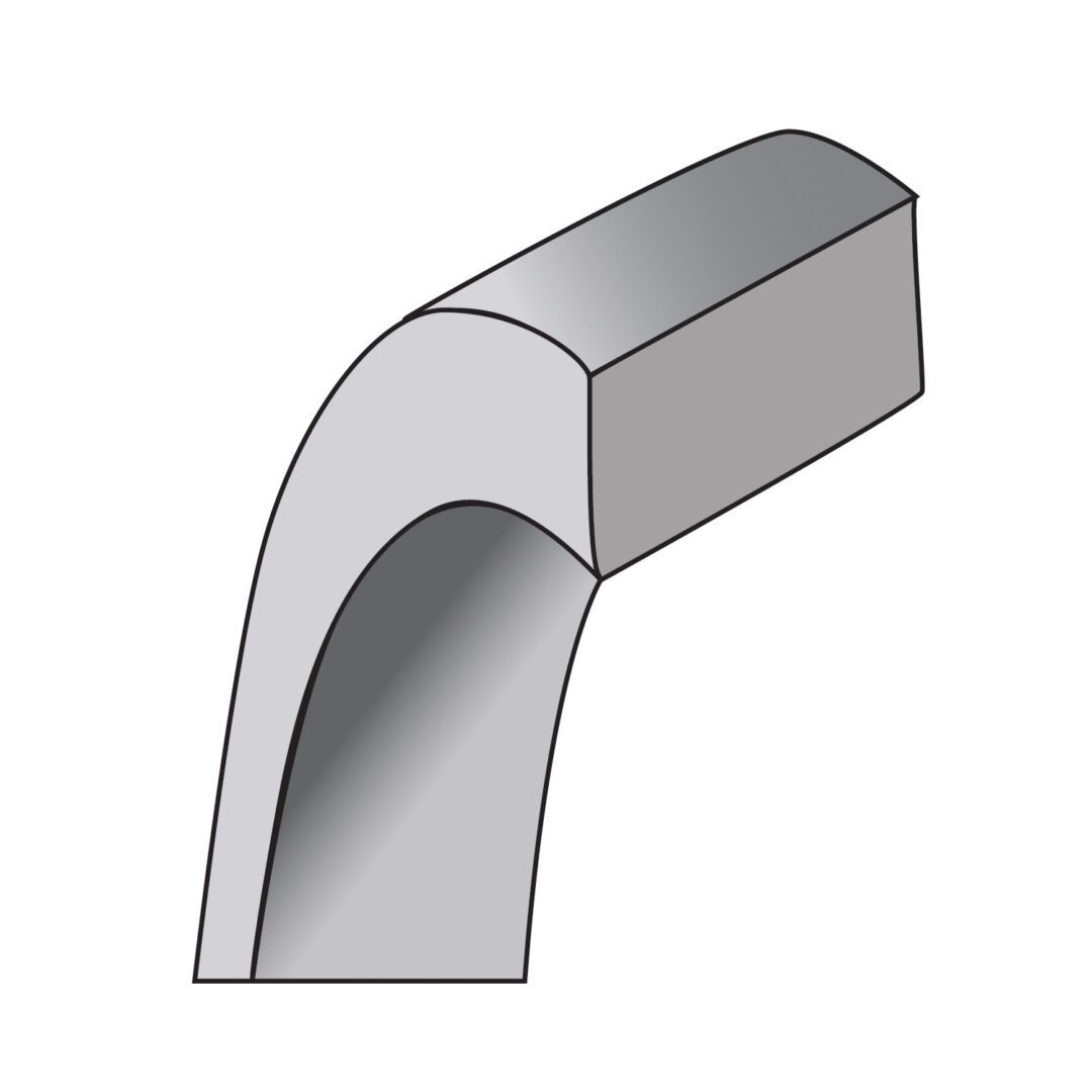 Illustration of a bent metal pipe or tube with a smooth curve.