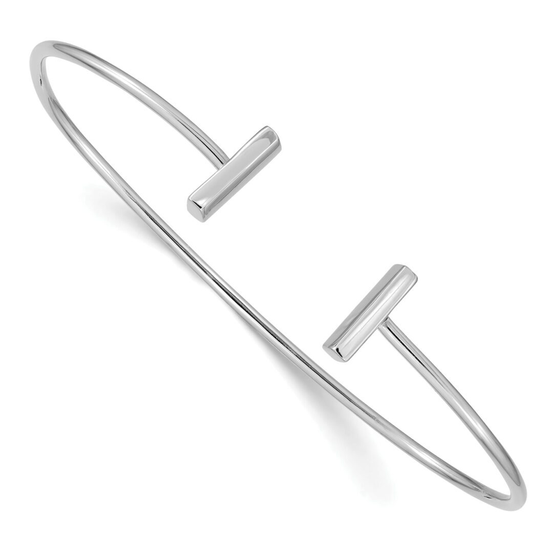 Minimalist silver open cuff bracelet with bar ends.