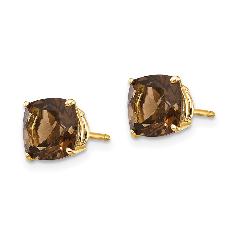 Pair of gold stud earrings with brown gemstone.