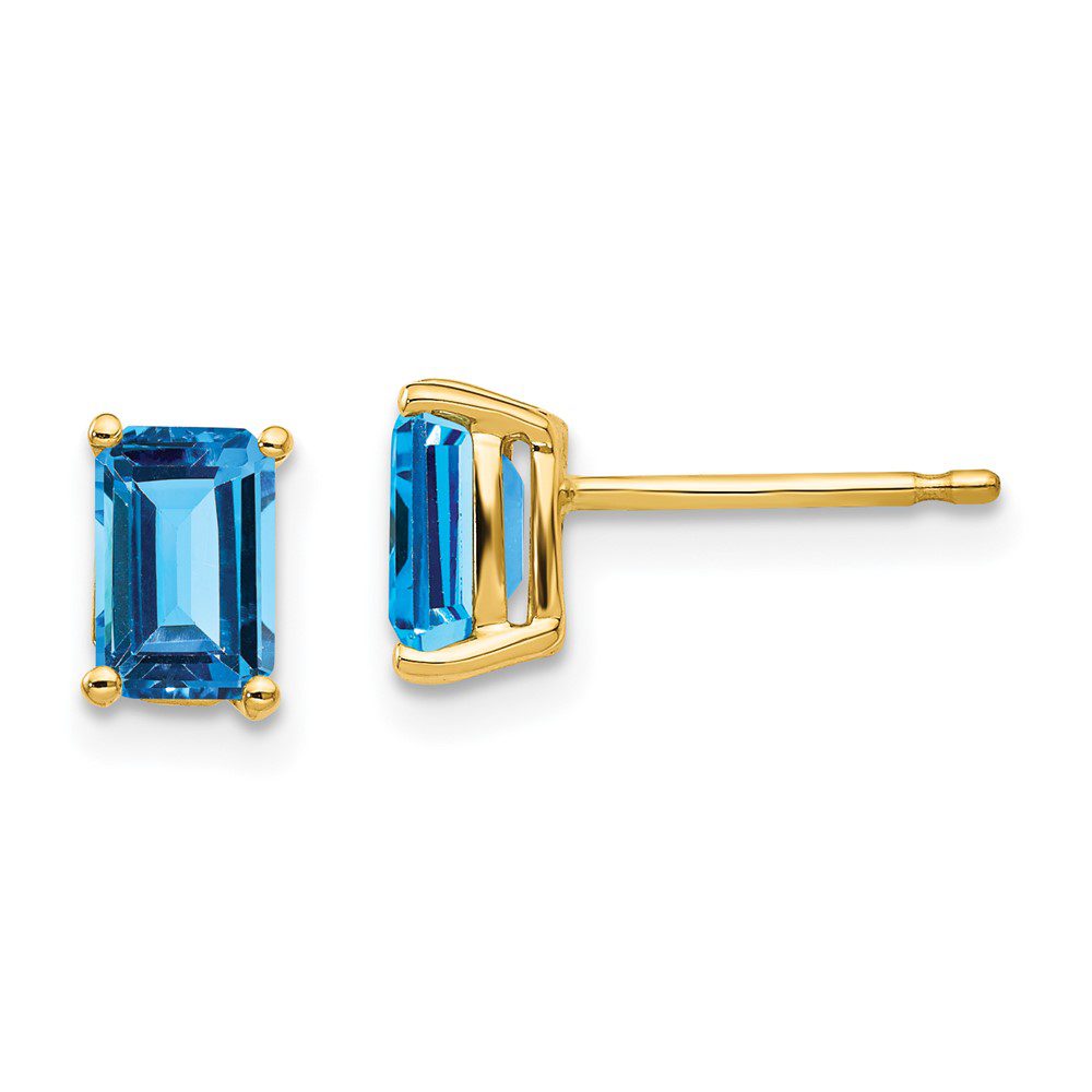 Elegant gold stud earrings with rectangular blue gemstones.