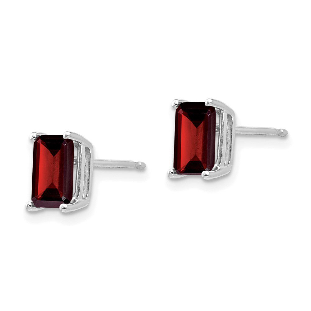 Pair of square-cut garnet stud earrings with silver settings.
