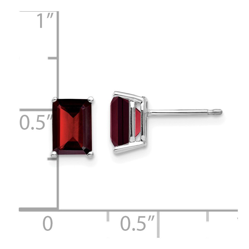 Elegant rectangular red gemstone stud earrings with silver settings.