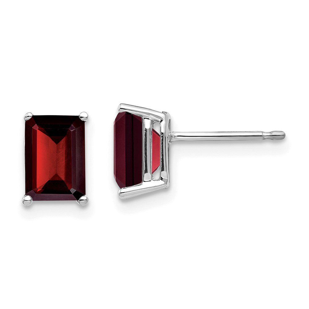 Elegant rectangular red gemstone stud earrings with silver prong setting.