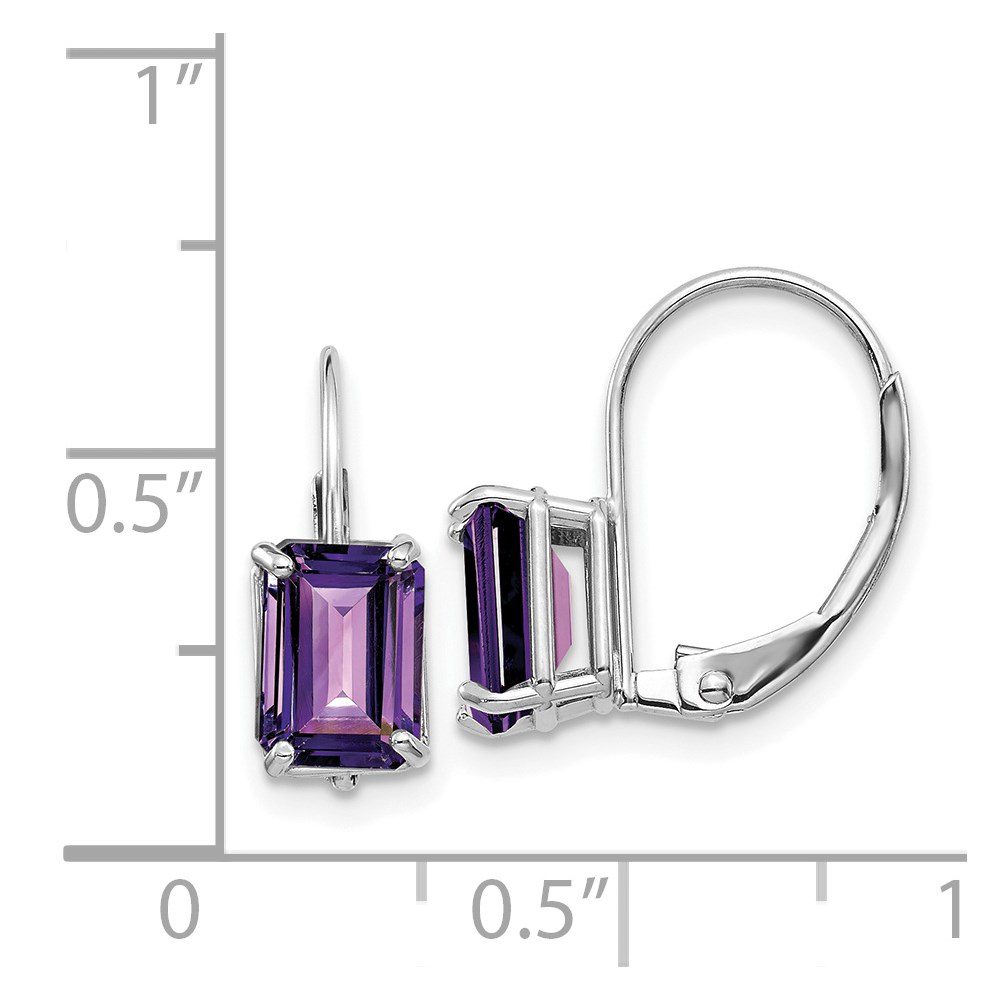 Silver earrings with rectangular purple gemstones and lever-back clasps.
