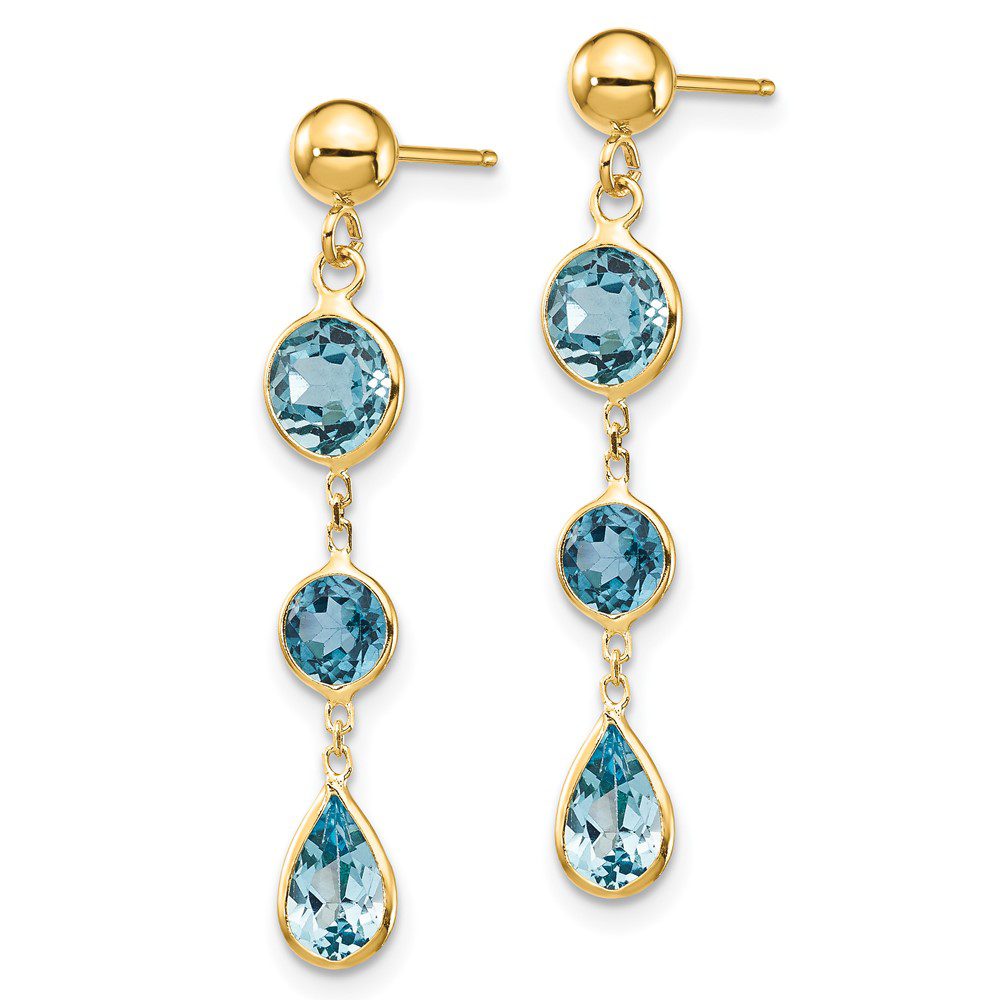 Elegant gold earrings with three blue gemstones each.